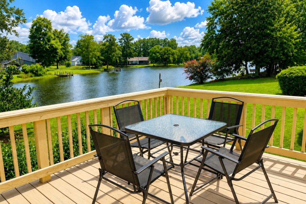 Wooden deck with table overlooking the waterfront at Tall Timbers