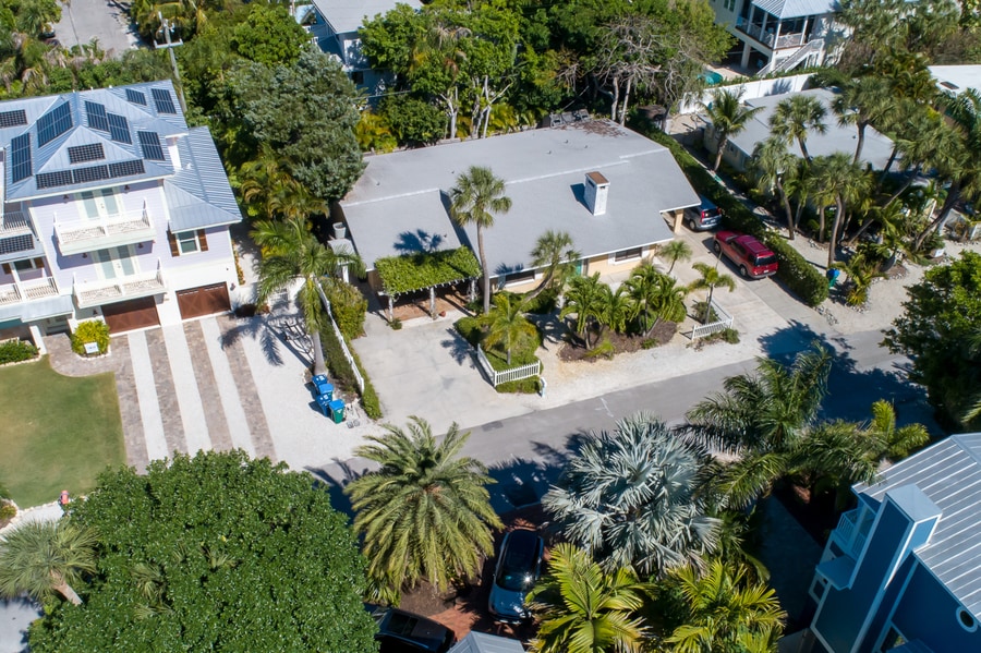 Aerial view of the Palm Haven villa and Holmes Beach neighborhood