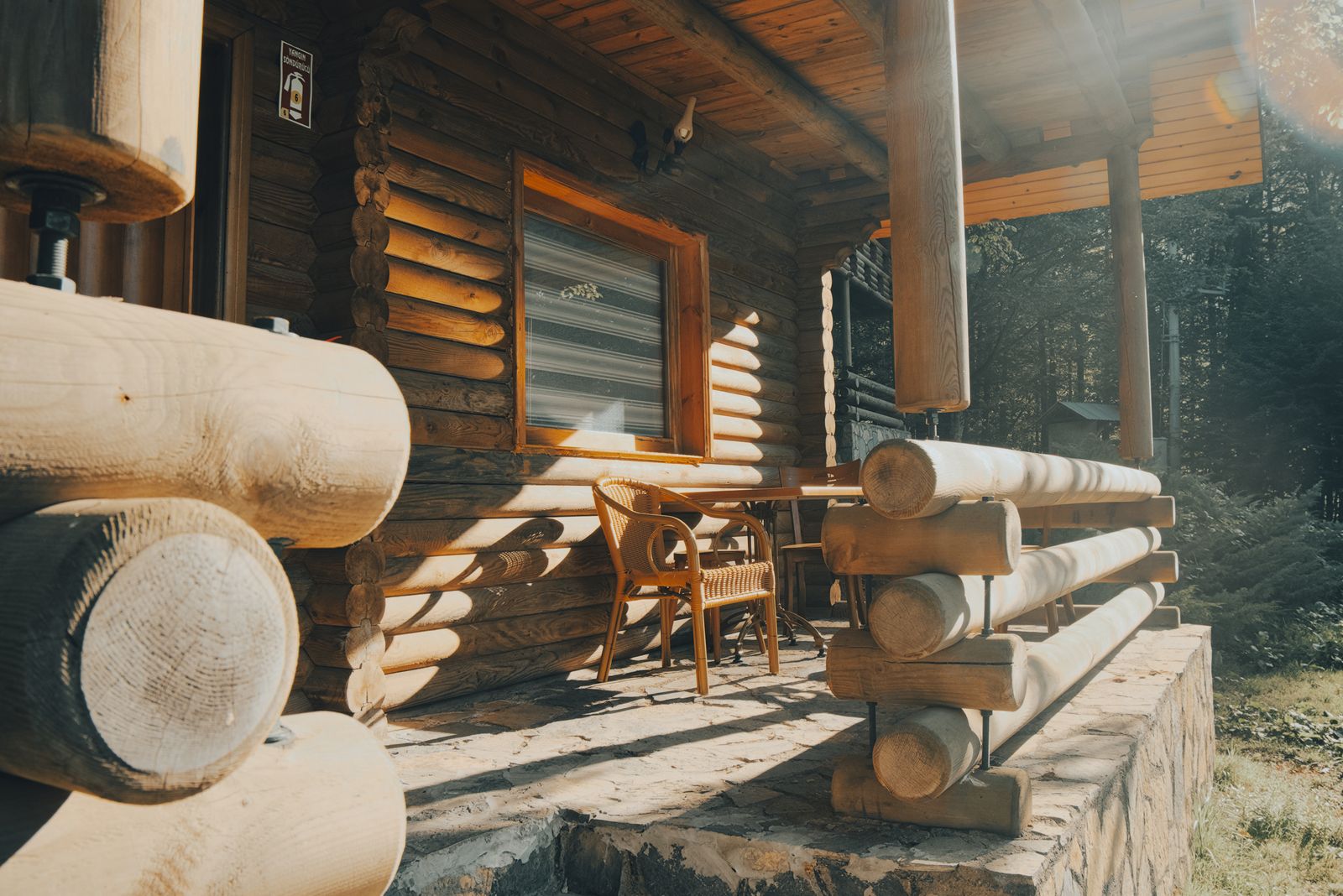 Wooden cabin with a sunlit porch among green trees